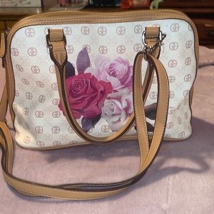 Tan and White Hand Bag CrossBody Purse with Roses